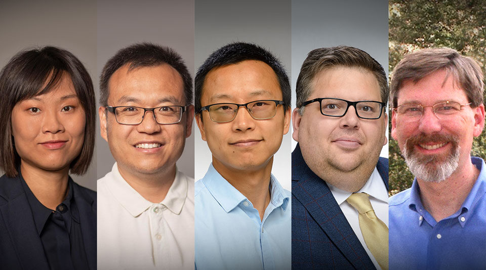 Photos of 5 College of Engineering new hires; Mengxue Hou, Fanxin Kong, Kai Ni, Jeffrey R. Rhoads, and Charles Wampler.