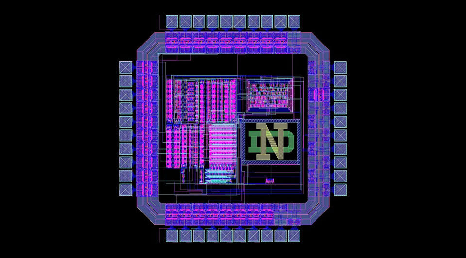 A chip layout featuring the Notre Dame monogram drawn from Morrison's Digital Integrated Circuits course