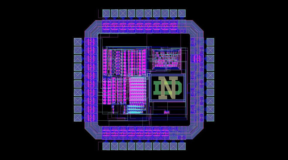 A chip layout featuring the Notre Dame monogram drawn from Morrison's Digital Integrated Circuits course