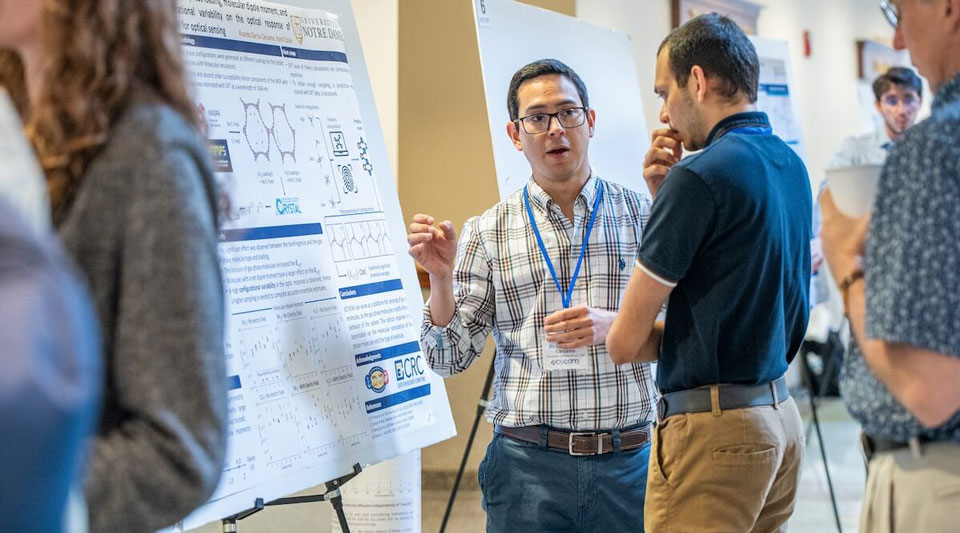 Ricardo García Cárcamo, post-doctoral researcher in the Colón Research Group, presents his research during the poster session at the CECAM flagship workshop at the University of Notre Dame on July 8, 2025.